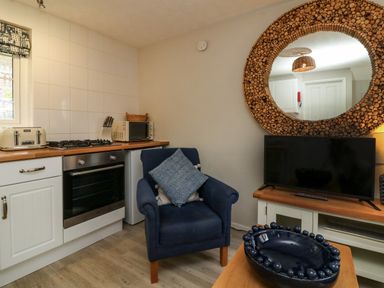 A kitchen area with stove oven microwave and toaster next to a blue armchair and a TV with a wooden framed round mirror above at Martin Cottage in Ilfracombe