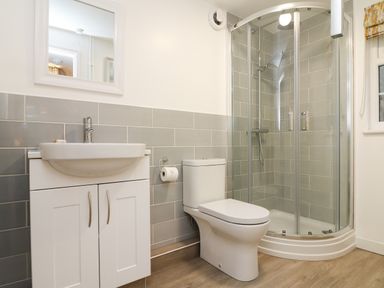 A bathroom with a white sink and cabinet a toilet and a corner shower with glass doors at Swallow Cottage in Ilfracombe