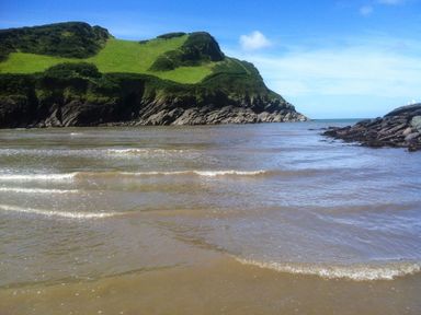 A shoreline with small waves and rocky cliffs covered with grass at Swallow Cottage in Ilfracombe
