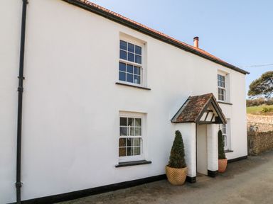 The exterior of a white two-story house with four windows a small porch and two potted plants on a driveway at Partridge Cottage in Ilfracombe