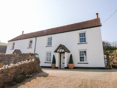 A white two-story house with a tiled roof and a small porch between two potted plants