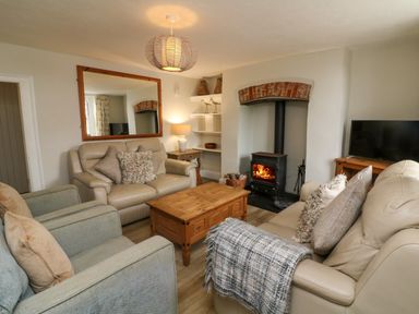 A living room with sofas a wood stove a wooden coffee table a television and a large mirror at Partridge Cottage in Ilfracombe