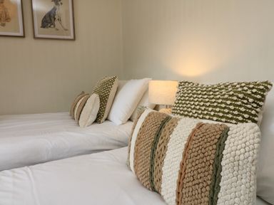A bedroom with two single beds with white bedding and patterned cushions and a lit bedside lamp at Partridge Cottage in Ilfracombe