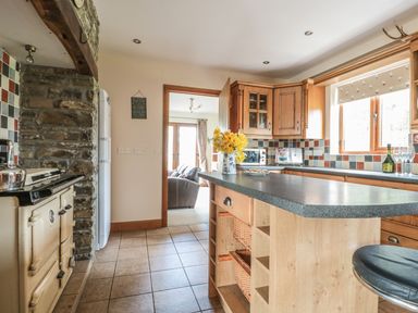 A kitchen with wooden cabinets a stone oven a countertop with flowers and a view into a sitting room at Blaen Henllan in Builth Wells