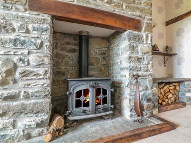 A stone fireplace with a wood burning stove and stacked firewood at Blaen Henllan in Builth Wells