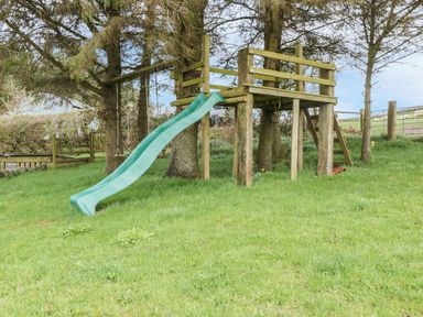 A wooden treehouse structure with a green slide and swing in a grassy outdoor area at Blaen Henllan in Builth Wells