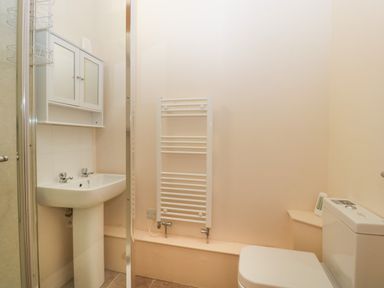 A bathroom with a white sink, a white heated towel rail, a toilet, and a white cabinet at Timber Barn in Eardisland