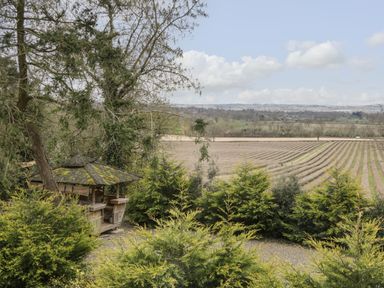 A wooden gazebo surrounded by trees overlooking farmland and fields at Timber Barn in Eardisland