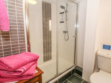 A bathroom with a glass shower enclosure a wall-mounted shower head pink towels on a wooden stool and a toilet at Beudy Bach Y Felinheli