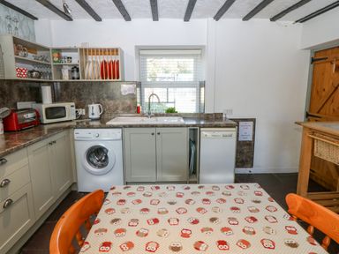 A kitchen with washing machine microwave toaster sink and table with owl patterned tablecloth at Hendre in Y Felinheli