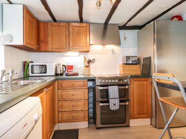 A kitchen with wooden cabinets a stove a microwave a toaster a kettle and a refrigerator at Castle Lodge in Borrowdale