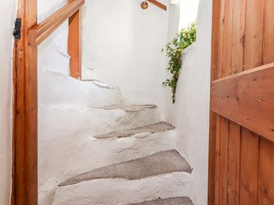A white plaster staircase with carpeted steps wooden handrails and a wooden door at Castle Lodge in Borrowdale