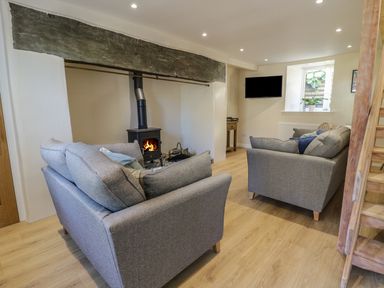 A living room with two grey sofas a wood burning stove a wall mounted television and a window at Y Cilgwyn in Trawsfynydd