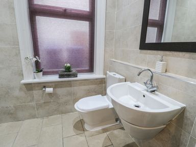 A bathroom with a toilet sink mirror window with plants and a toilet paper holder at Flat 4 Whitby