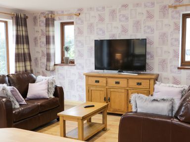 A living room with two brown leather sofas a wooden coffee table a wooden TV stand with a television and patterned wallpaper at Gardener's Lodge in Nantwich
