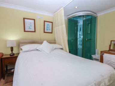 A bedroom with a bed and a shower at Maesawel Studio Llanfair