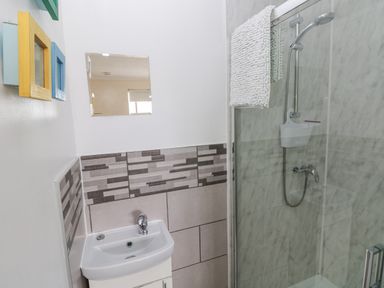 A bathroom with a small sink and mirror and a shower area with a glass door at Sandy Bay House in Saundersfoot