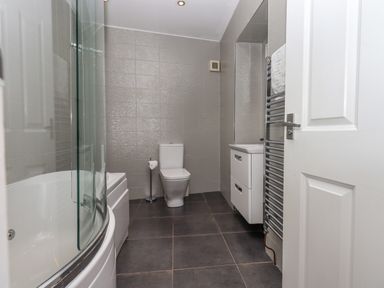 A bathroom with a bathtub shower combination a toilet a sink with cabinet and a heated towel rail at Loughrigg View in Ambleside