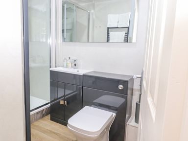 A bathroom with a shower, a toilet, a sink, towels on a rack, and a large mirror at Maple Cottage in Keswick