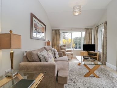 A living room with a sofa an armchair a glass coffee table a lamp and a television at Garden Cottage in Keswick