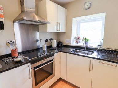 A kitchen with stove oven sink utensils and window at Mell View Cottage in Ullswater