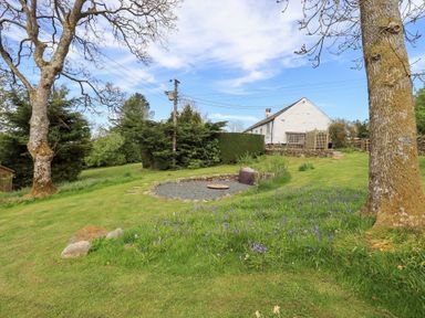 A garden with grass trees and flowers near a white house with a gravel fire pit at Mell View Cottage in Ullswater