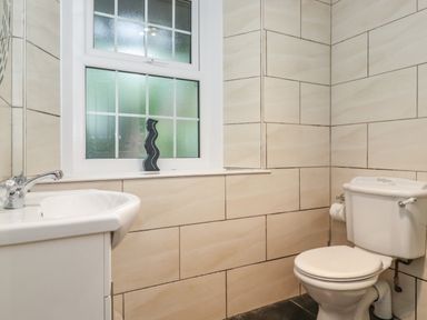 A bathroom with a white sink and toilet and a frosted window with a black decorative object on the sill at Coombe Cottage in Borrowdale