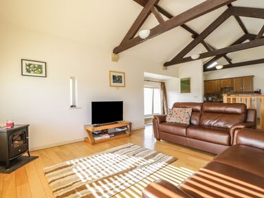 A living room with brown leather sofas a wooden TV stand with a television a patterned rug and exposed wooden beams at Skiddaw in Cockermouth