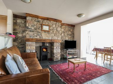 A living room with a leather sofa a stone fireplace with a wood stove a red rug a coffee table a television and a dining table at Beckside in Cockermouth