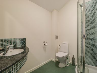 A bathroom with a sink and countertop on the left a toilet in the center and a glass shower enclosure on the right at Beckside in Cockermouth