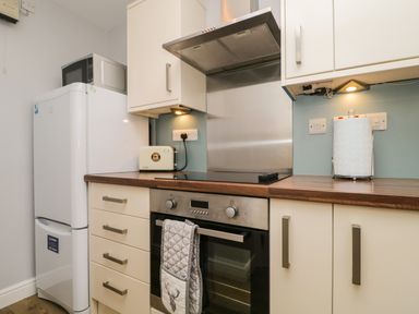 A kitchen with fridge microwave oven toaster and paper towel holder at Andra Ghyll in Keswick