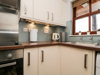 A kitchen corner with white cabinets a kettle paper towel holder a sink with two taps and small plants on the window sill at Andra Ghyll in Keswick
