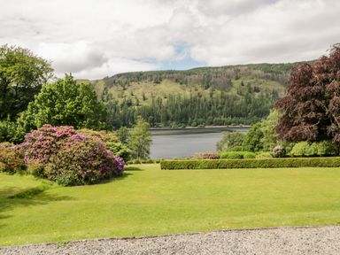 A lawn with bushes and trees overlooking a lake and forested hills at Thirlmere Suite in Thirlmere