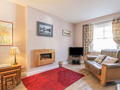 A living room with a sofa a television a wall-mounted fireplace a red rug and a lamp at Swinside Cottage in Keswick