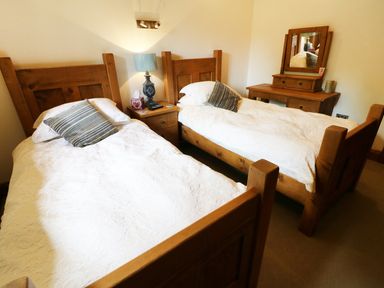 A bedroom with two wooden single beds white bedding and pillows a nightstand with a lamp and tissue box and a wooden dresser with mirror at Grayrigg Foot Stable in Grayrigg