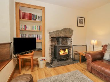 A living room with a wood stove, a television on a small table, a bookshelf, a leather sofa, and a floor lamp at Tanner Croft Cottage Grasmere