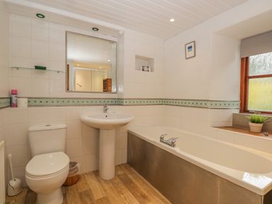 A bathroom with a toilet sink bathtub and a window with a plant on the ledge at Tanner Croft Cottage in Grasmere