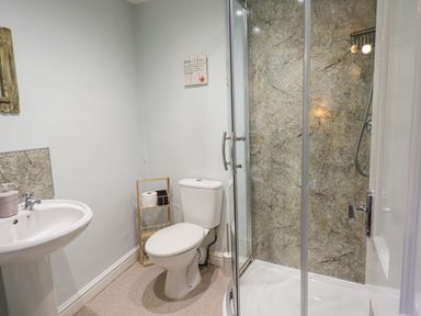 A bathroom with a white toilet, pedestal sink, shower enclosure with glass doors, and a small wooden storage rack at Greta Mill in Keswick