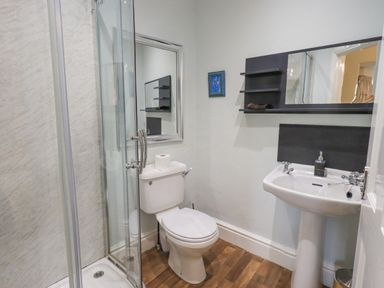 A bathroom with a shower enclosure a toilet and a sink with a mirror and shelves at Greta Mill in Keswick