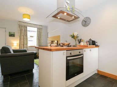 A kitchen island with stove and oven next to a living area with a sofa and a window at Banks Place in Keswick