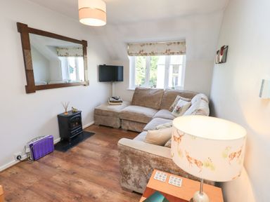 A living room with a corner sofa a wall-mounted TV a large mirror and a lamp on a side table at Tree Tops View in Bowness-On-Windermere