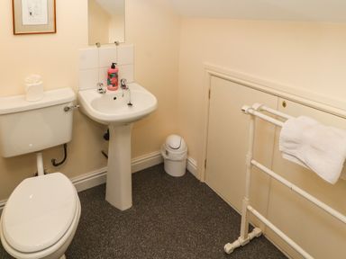A small bathroom with a toilet sink mirror towel rack and waste bin at Pelham House in Keswick