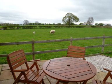 A wooden table with chairs on a patio overlooking a green field with sheep at Buttercup Cottage in Catterlen