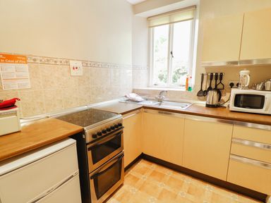 A kitchen with stove refrigerator microwave kettle sink and window at Low Skelgill in Troutbeck