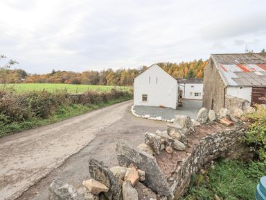 A rural road with a stone wall and white buildings near a field with trees at Tithe Cottage in Cockermouth