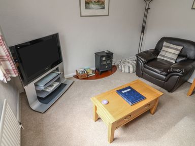 A living room with a television on a stand a black armchair a wooden coffee table a small fireplace and a floor lamp at Long Crag Annexe in Ambleside