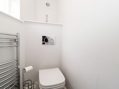 A small bathroom with a white toilet a chrome toilet paper holder a wall-mounted flush panel and a chrome heated towel rail at Latrigg House in Keswick