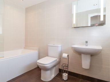 A bathroom with a bathtub toilet sink and mirror cabinet at Latrigg House in Keswick