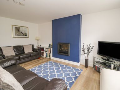 A living room with leather sofas a blue patterned rug a wall-mounted fireplace and a television at Derwentwater Apartment Keswick