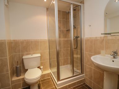 A bathroom with a toilet shower enclosure and sink at Derwentwater Apartment Keswick
